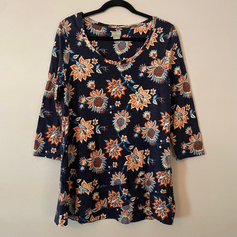 Chico's Navy Blue Orange Floral Print 3/4 Sleeve Top Boho Women size 1 / Medium